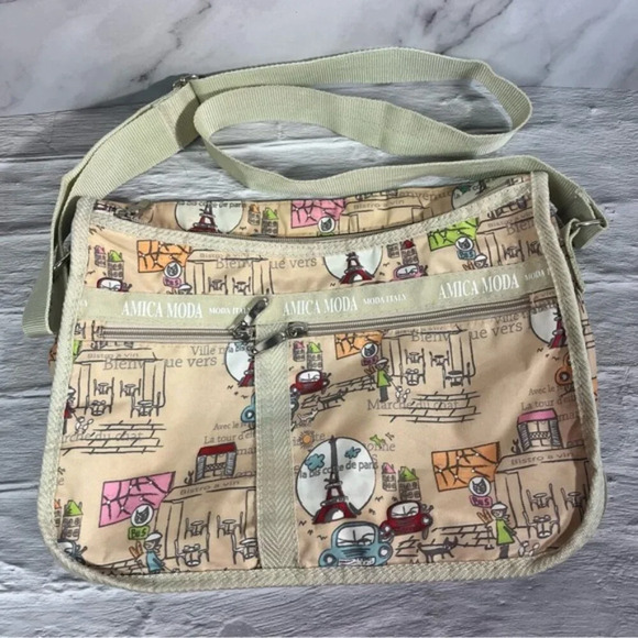 Amica Moda Italy Paris Print Lightweight Nylon Sling Crossbody Shoulder Bag - Picture 1 of 16